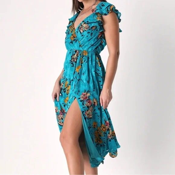 Lulus | Dresses | Xl New Teal Green Floral Jacquard Flutter Sleeve Midi  Dress | Poshmark
